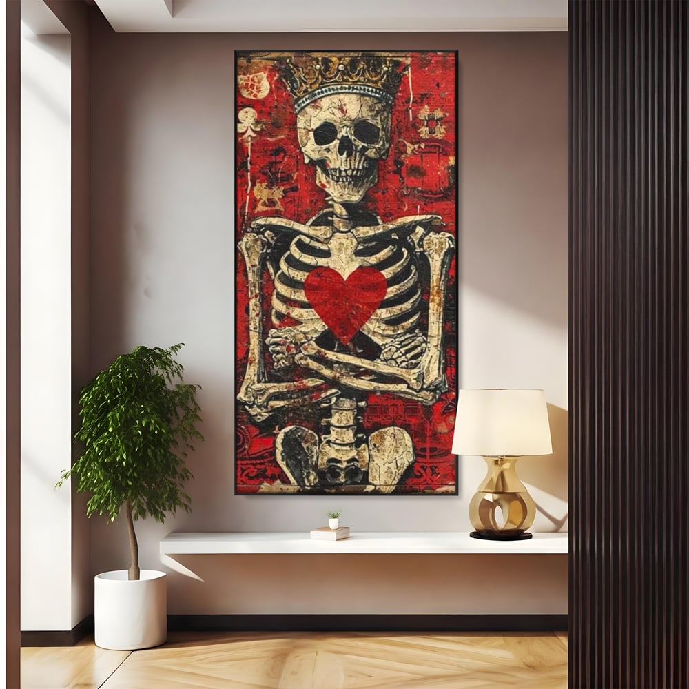 Tablou canvas cu tablou canvas cu schelet purtand coroana, in rama de aluminiu negru